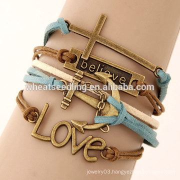 Vintage love cross anchor alloy accessory multilayer leather bracelet